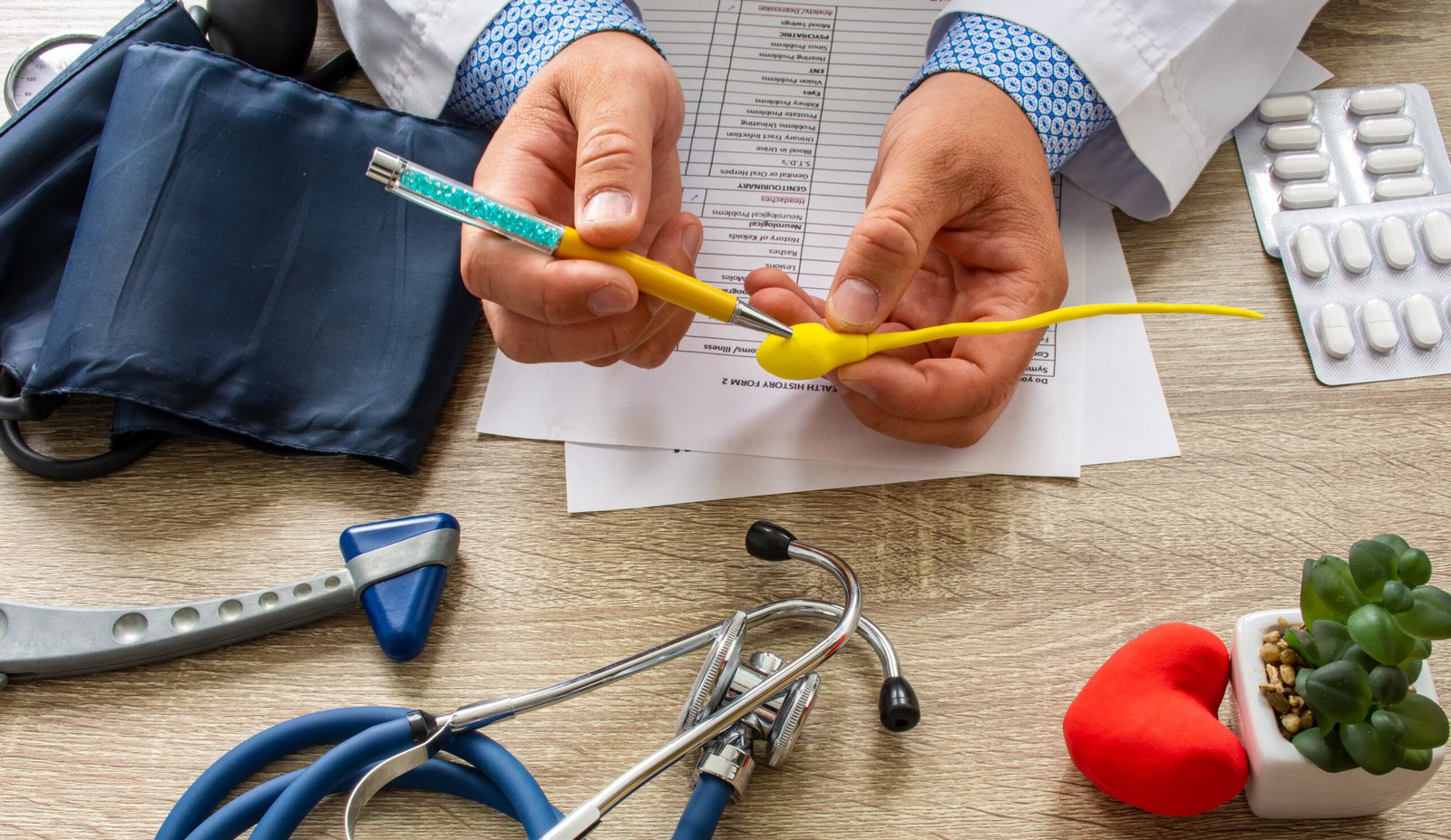 Der Arzt hält ein Modell einer Spermienzelle und zeigt mit einem Instrument auf deren Teile, während medizinische Ausrüstung wie ein Stethoskop, Blutdruckmessgerät, Tabletten und Papierformulare auf dem Tisch liegen.