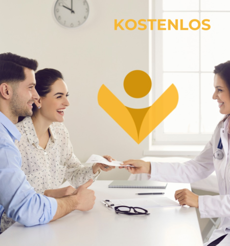 Ein glückliches Paar bei einer Konsultation mit einer Ärztin für künstliche Befruchtung