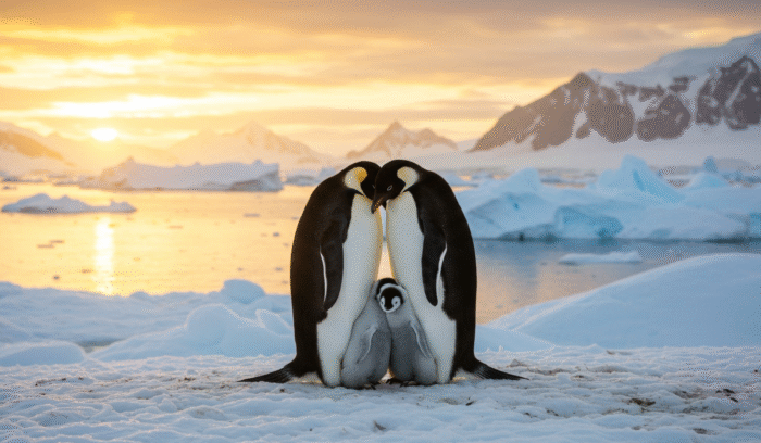 Zwei erwachsene Pinguine mit kleinem Baby-Pinguin, Symbol für aufgeschobene Familienplanung und Social Freezing